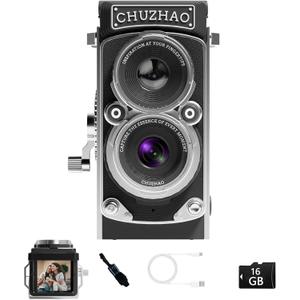 CHUZHAO Vintage Mini Digital Camera, Portable TLR Style Retro Point and Shoot Compact Small Pocket 1080P FHD Video 12MP Autofocus Vlogging Camera with 16 GB Card for Beginners Teens Adults Black