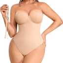 SHAPELLX Shapewear Bodysuit for Women Tummy Control Strapless Body Suit Faja Body Shaper Thong, Size XL (Beige)