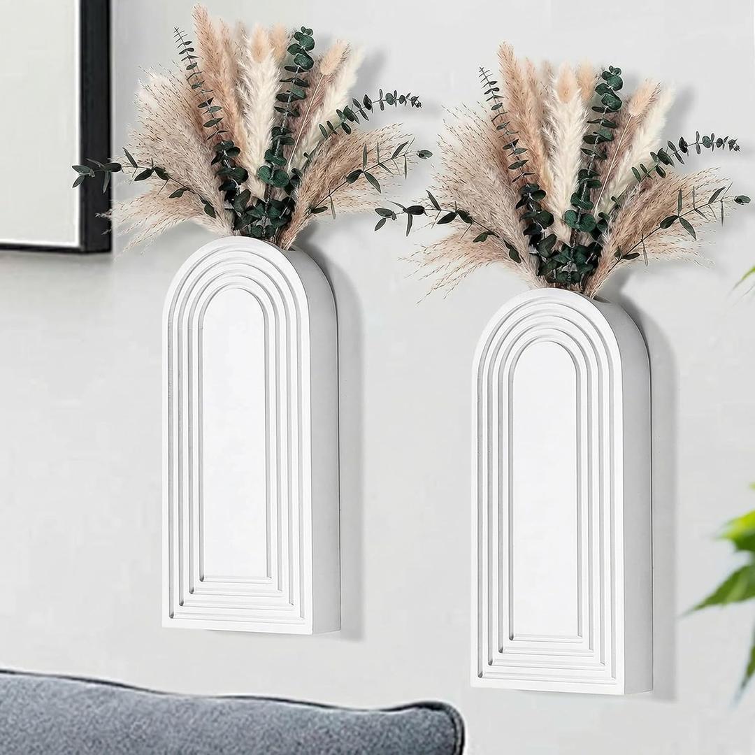 Set of 2 Wooden Wall Vases with Dried Pampas Grass & Eucalyptus, Boho Farmhouse Decor for Living Room, Entryway, Bathroom, Rustic Home Art(White)