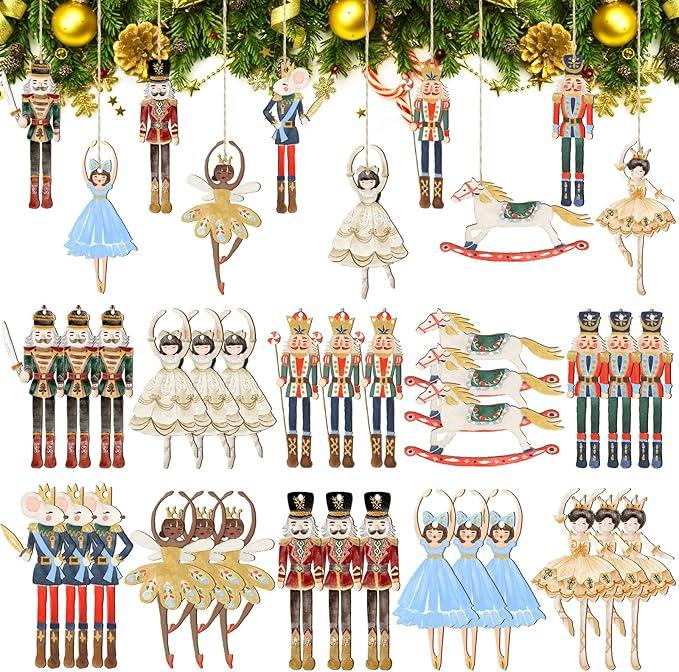 Gerrii 40 Pieces Wooden Christmas Ornaments Hanging Decor Christmas Wooden Flat Ornament for Xmas Tree Decor (Vintage Nutcracker Princess Ballet Mouse King Soldier)