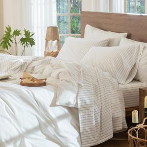 MooMee Striped Sheet Set 100% Washed Cotton Linen Like Textured Breathable Durable Soft Comfy (White Tannish Linen Grey Wide Stripes, Queen)