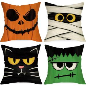 Ussap Halloween Jack O Lantern Decorative Throw Pillow Covers 18 x 18 Set of 4, Spooky Face Mummy Black Cat Fran.kens-tein Cushion Case Decor, Holiday Home Decoration for Sofa Couch