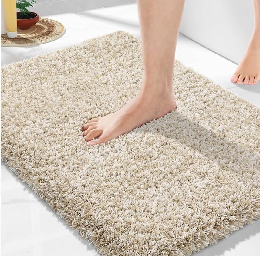 Yimobra Bathroom Rugs Non Slip Washable, Ultra Soft and Water Absorbent Bath Mats, Plush Fluffy Shower Mat Outside, Microfiber Thick Matts for Bathroom Floor/Sink, 24x17, Light Beige and White
