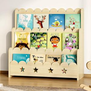 EXPERLAM Scalloped Bookshelf for Kids, 3-Tier Front Facing Book Display Shelf, Solid Wood Montessori Bookcase Organizer for Bedroom, Nursery, Playroom & Classroom