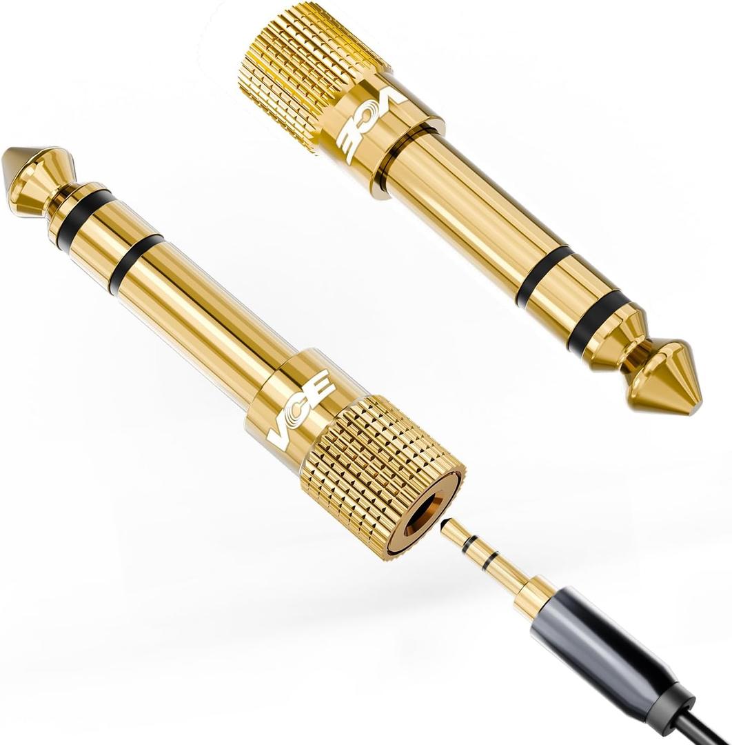 VCE 6.35mm Male to 3.5mm Female 1/4 inch to 1/8 inch 24K Stereo Audio Jack Adapter for Aux Cable, Guitar Amplifier, Headphone, 2 Pack