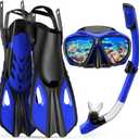 Mask Fin Snorkel Set, Travel Size Snorkeling Gear for Adults with Panoramic View Anti-Fog Mask, Fins, Dry Top Snorkel for Swimming Training, Snorkeling Kit Diving Packages (Blue, L/XL)
