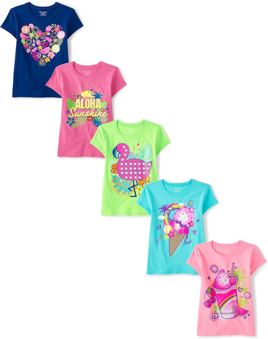 The Children's Place Girls' Short Sleeve Graphic T-shirts (5-Pack), S