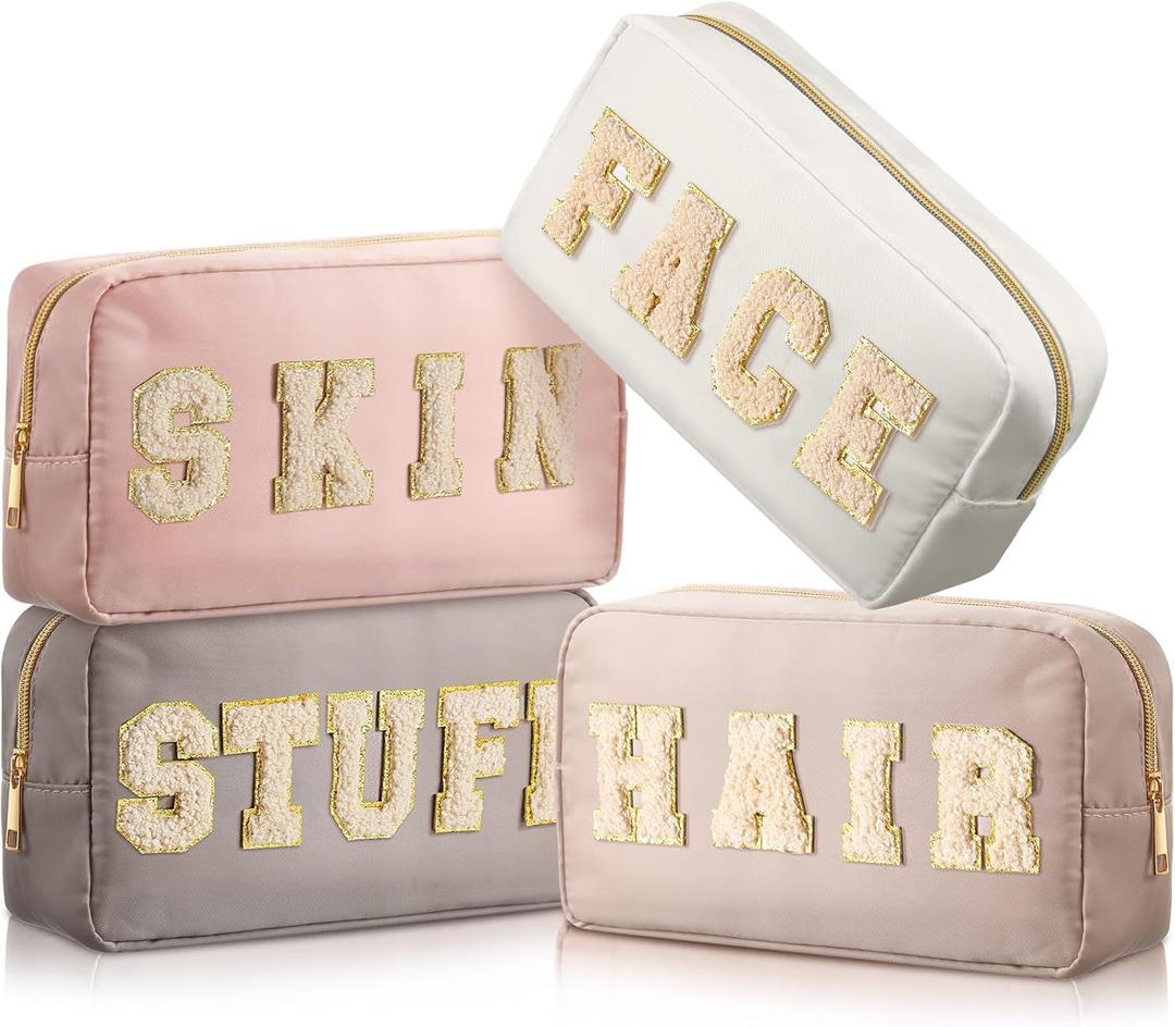 Cunno 4 Pcs Preppy Makeup Bags Chenille Letter Stuff Bag Nylon Cosmetic Pouch Cases with Zipper for Women Travel Toiletry (Light Apricot)