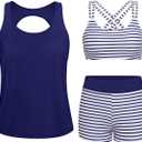 Yonique 3 Piece Tankini Swimsuits for Women Bathing Suits with Boy Shorts and Swim Tank Top Bra Modest Swimwear (Blue, L)