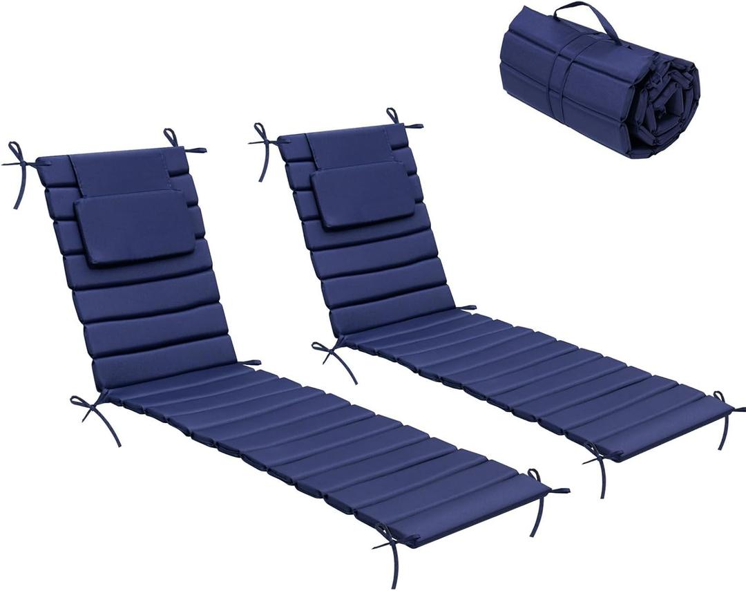 Crestlive Products Chaise Lounge Cushion Outdoor Set of 2, Waterproof Foldable Pool Lounge Chair Cushions with Straps, Lounger Cushions for Outdoor Furniture, Patio, Lawn, 71''Lx21''W (Navy)