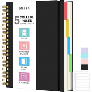 Spiral Notebook 8.5" x 11", 5 Subject Notebooks College Ruled with Removable Dividers, 300 Pages 100GSM Thick Spiral Writing Journal for Women & Men, Large A4 Lined Journal Notebooks for Work, School