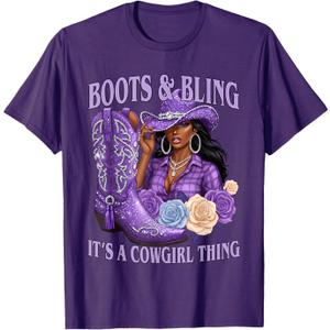 Boots and Bling its a Cowgirl Thing Purple Cowgirl Melanin T-Shirt, Ladies M