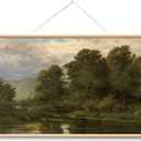 HUARCEY Extra Large Canvas Wall Art, 36x54 Inch Vintage Riverside Hanging Landscape Hanging Scroll, Oversized Rustic Nature Artwork Lake, Trees Mountains for Living Room, Office, Farmhouse