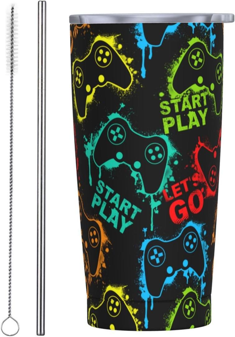 Perinsto Colorful Silhouettes Game Joystick 20oz Travel Tumbler With Lid And Straw, Stainless Steel Tumblers Insulated Coffee Cup Mug Gift For Men Women