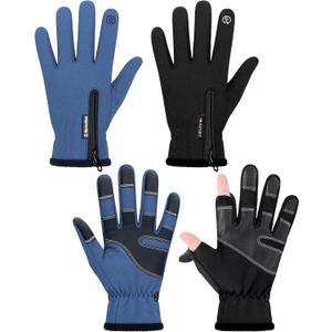 Bencailor 2 Pairs Windproof Waterproof Fingerless Gloves Winter Touchscreen Gloves Men Cold Weather Cycling Supplies (Large, Black/ Blue)
