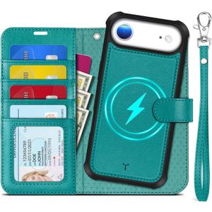 TUCCH Detachable Case Wallet for iPhone Air (6.5") 2025, Wrist Strap | 4 Card Slots RFID Blocking | Wireless Charging | Stand | 2-in-1 Magnetic | PU Leather | Shockproof Folio Cover | Cyan