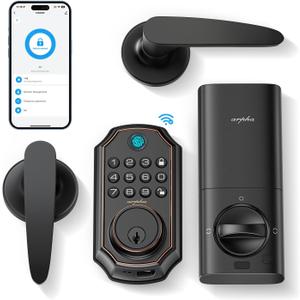 Keyless Entry Door Lock with Handle Set, WiFi Door Lock Fingerprint, Bulit-in WiFi Deadbolt, App Remote Control, Electronic Keypad Deadbolts, Safety Front Door Locks, Support Alexa, Easy Installation
