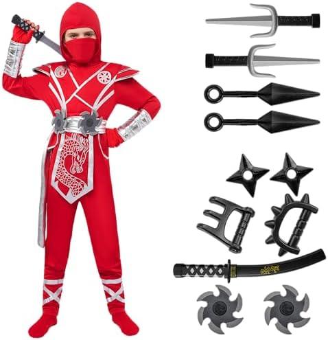 Spooktacular Creations Halloween Ninja Costume Kids, Ninja Dragon Jumpsuit Set, Boys Halloween Costume for DressUp Party 10-12Y