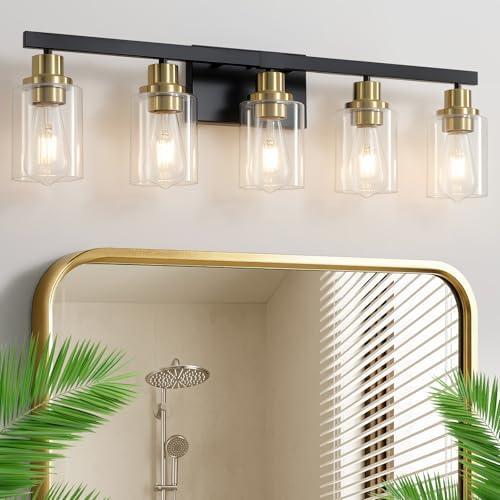 DIKAIDA 5-Light Black and Gold Bathroom Vanity Light, 30" Modern Vanity Lighting Fixture, Bathroom Light Fixtures, Wall Sconces with Clear Glass Shade, Black Bathroom Wall Light Over Mirror