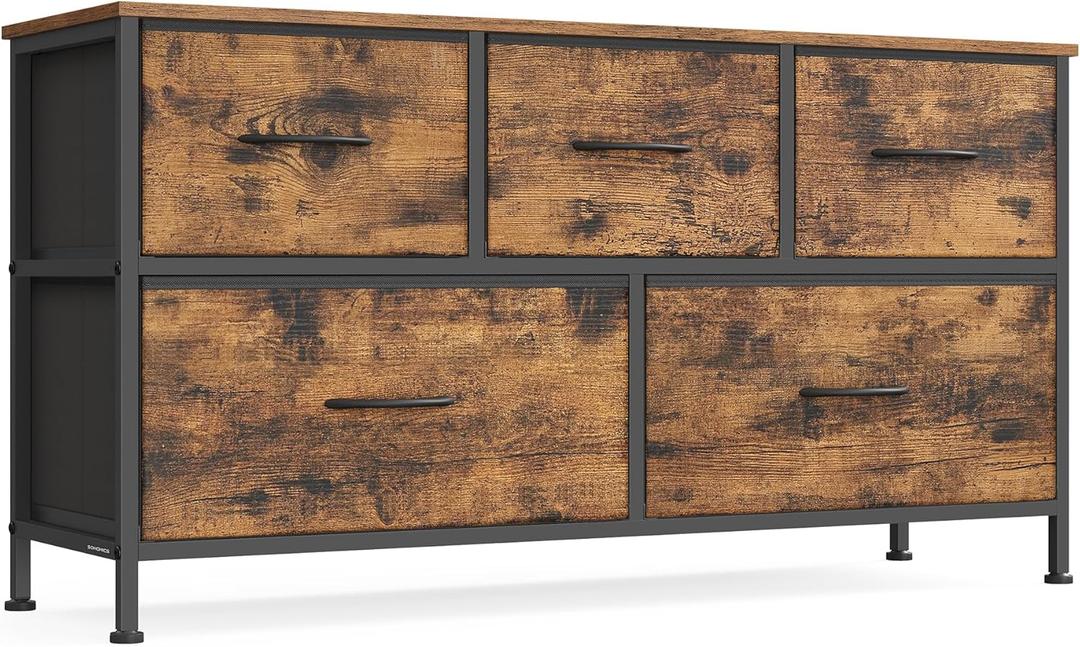 SONGMICS Dresser for Bedroom, Chest of Drawers, TV Stand, Steel, MDF, 5 Non-Woven Fabric Drawers, Storage Organizer Unit, Closet, Entryway, Rustic Brown and Ink Black ULGS322B02S