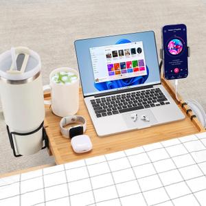 Bedside Shelf for Dorm Bed & Top Bunk, Bamboo Bed Side Table Tray with Cup Phone Holder & Hooks, Bedside Caddy, Clip on Nightstand Bedside Storage College Dorm Room Essentials (Bamboo-1)