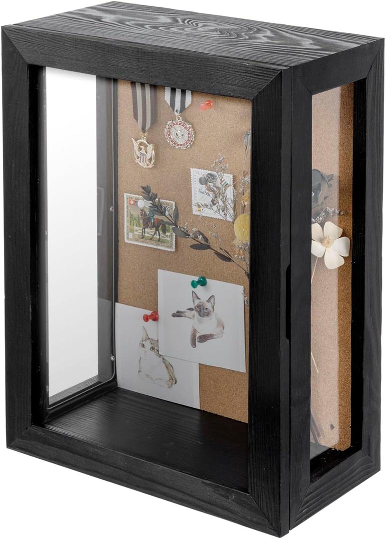 MyGift 11 x 15 Inch Wall Mounted Solid Wood Shadow Box with Vintage Coal Black Finish and Cork Backing, Premium Clear Acrylic Viewing Panels, and Hinged Door Magnetic Closure