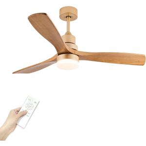 Champagne Gold Luxury Style Ceiling Fan with Light Solid Wood Blade Noiseless Reversible Motor Dimmable Light Memory Living Room and Bedroom Ceiling Fan (Golden04), 52