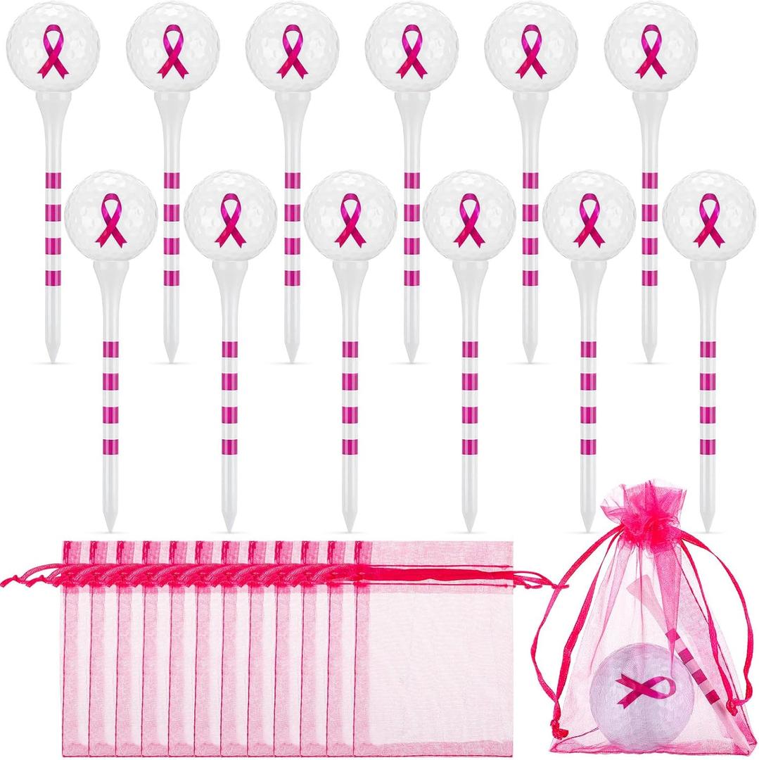 Seematn 36 Pcs Breast Cancer Awareness Gifts Set Include 12 Bamboo Golf Tees Supporting 12 Pink Ribbon Golf Ball with 12 Organza Bags for Breast Cancer Charity Event Survivor Campaign Party Supplies