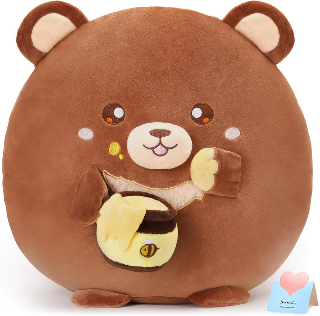 12 Honey Bear Plush Pillow,Teddy Bear Plush Stuffed Animal Gifts for Girlfriend Kids,Ultra Soft Snacks Plush Toy,Brown Bear with Honey Pot