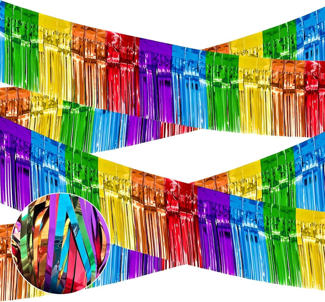4 Packs Total 39 Ft Rainbow Parade Floats for Trailer Car, Colorful Foil Fringe Garland Tinsel Streamers Hanging Banner Table Skirts for Graduation Homecoming Holiday Birthday Pride Party Decor