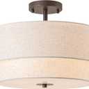 Bargeni 16" Semi Flush Mount Ceiling Light, 3-Light Double Drum Ceiling Light Fixture, Oil Rubbed Bronze with Linen Fabric Shade, Modern Close to Ceiling Light for Living Room, Bedroom, Dining Room