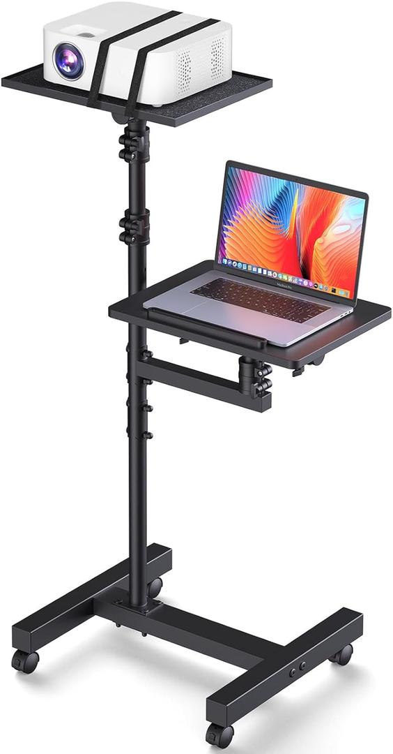 2 Shelves Projector Stand Tripod, Height Adjustable Max 64", Mobile Laptop Cart on Wheels Projector Tripod Stand, Overbed Table with Wheels, Rolling Laptop Floor Stand for Couch