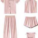 SAPJON Silk Satin Pajamas for Women 5Pcs Button Down Short Sleeve Top and Shorts Soft Pj Set Notch Collar Loungewear
