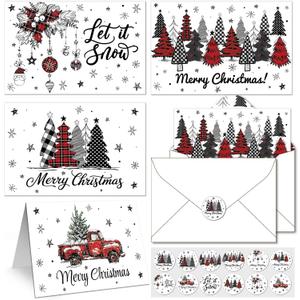 52 Pack Merry Christmas Thank You Cards with Envelopes Stickers Buffalo Plaid Xmas Tree Greeting Gift Christmas Holiday Greeting Card Blank Note Card Set for Winter Party Birthday Supplies 4x6inch