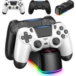 2 Pack Controllers with Charging Dock Station for PS4 Controller, Wireless Controller Compatible with PS4/Pro/Slim Consoles, with LED Charging Dock, Black & White