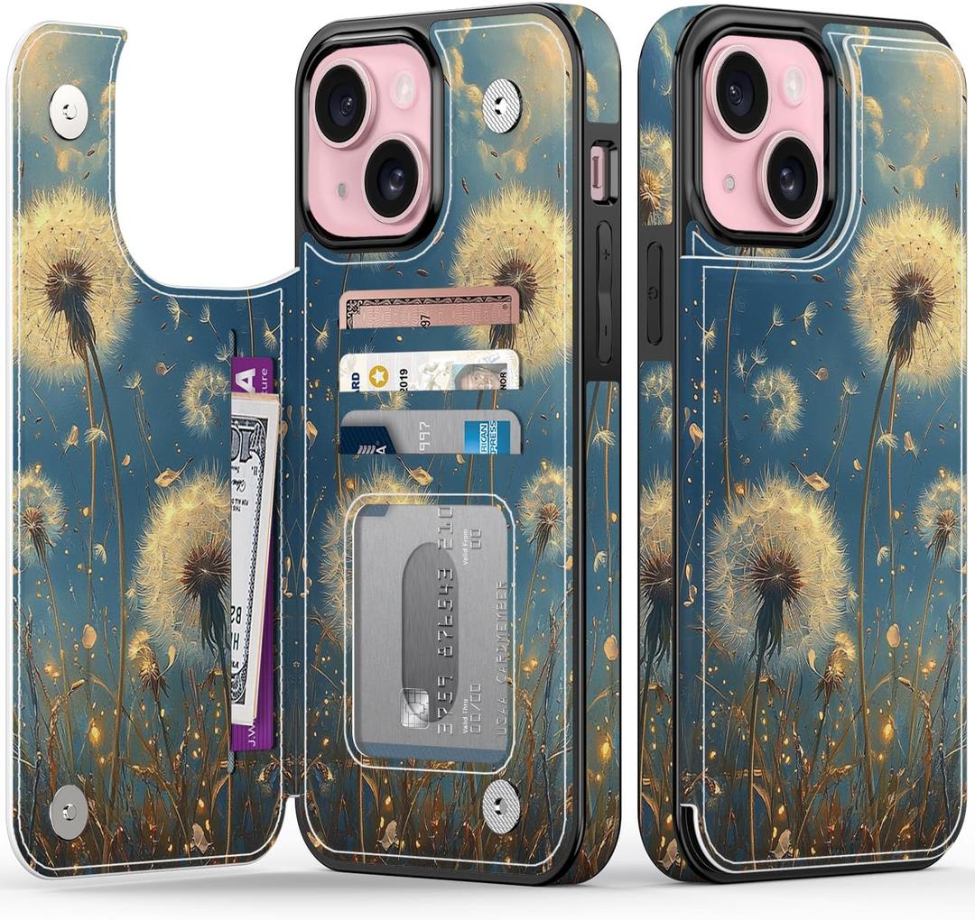 FUNMIKO for iPhone 15 Plus Wallet Case with Card Holder + Cash Clip, RFID-Blocking, Military-Grade Drop Protection & UV-Printed Artwork, Magnetic Closure with Leather Kickstand - Dandelion in The Sky
