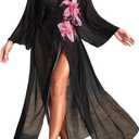 OYOANGLE Women's Swimsuit Cover Up Floral Long Sleeve Sheer Long Kimono Cardigans Beach Coverups (M)