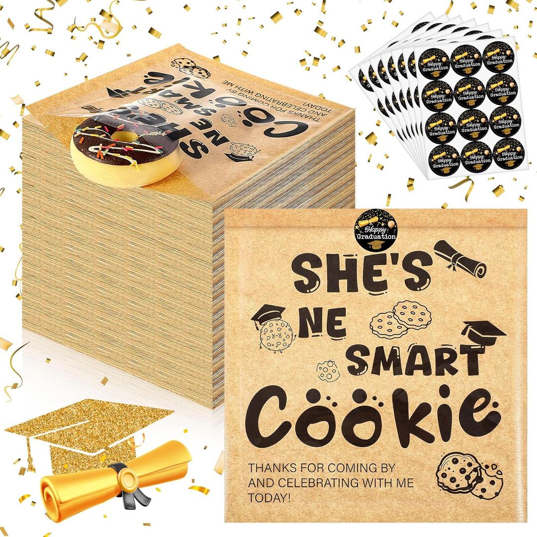 Outus 100 Pcs Graduation Cookie Bags 2025 Party Favors One Smart Cookie Buffet Treat Bag with Stickers for Packaging Donut Bread Graduation Party Decoration Supplies