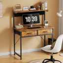 MUTUN Small Desk with Drawers, 31 Inch Computer Desk with Power Outlet & LED Light, Gaming Desk with Adjustable Monitor Stand & Pegboard, Modern PC Study Writing Table for Bedroom, Rustic Brown