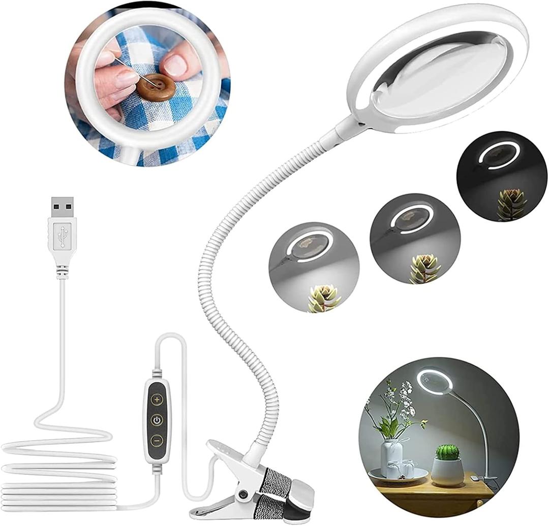 Magnifying Glass with Light and Stand, 3X Magnifier with Clam, Desk Magnifying Lamp for Crafting, Reading, Sewing, Hobbies, Close Work