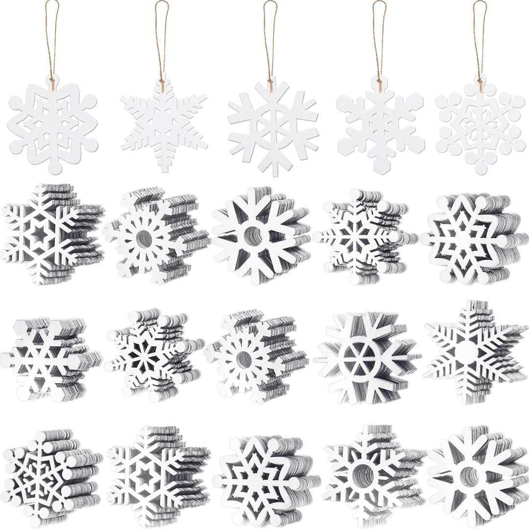 100 Pcs Christmas Unfinished Wooden Snowflake Ornaments Snowflake Hanging Cutouts Blank Wood Slices with Cord Craft Embellishments for Xmas Tree Decorations (White,3.1 Inches)