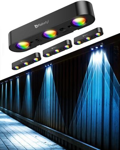 Solar Outdoor Fence Lights Solar Powered 4 Pack, Upgraded 50LM RGB Fence Lights with Sync Group Control & 10 Light Modes, Solar Wall Light Outdoor Waterproof IP65 for Halloween Outside Decoration