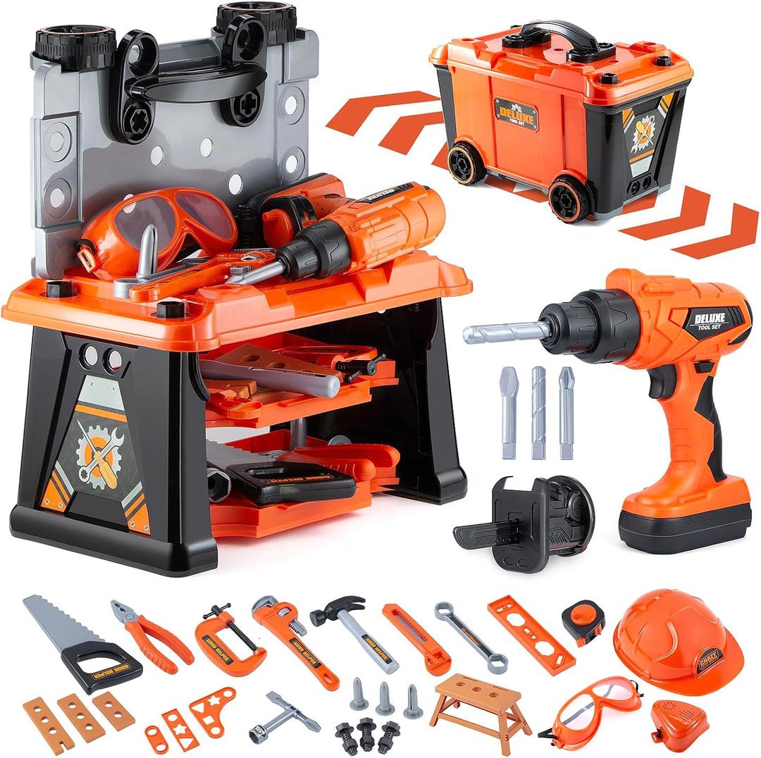 ZEALOUS TOYS Kids Tool Bench-Zealous 79pcs Transformable Set, Toddler Workbench Toy with Electric Drill, Pretend Construction Playset for Boys Girls Age 3+, Orange & Black, HB3222-3