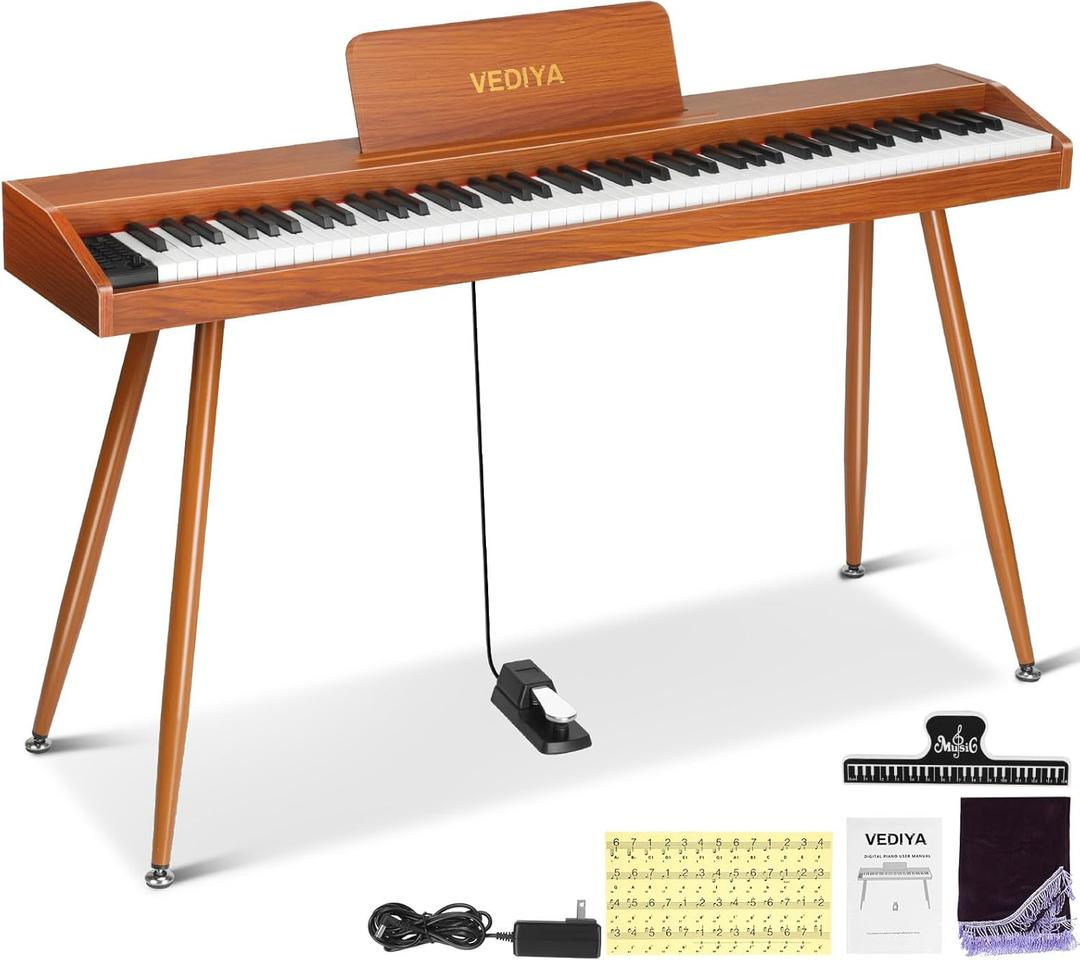 Digital Piano Keyboard 88 key,Semi-Weighted Electric Piano,Full Size Acoustic Piano for Beginners with Pedal, USB-MIDI Compatibility (Brown) (VE28 with 4 Legs)