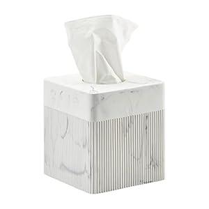 White Tissue Box Cover Square Resin Tissue Holder for Home Decor, Hand Poured Marble Ribbed Cube Tissue Box Holder – 5.5 Inch Heavy Duty Luxury Tissue Box Case for Bathroom, Living Room, Office