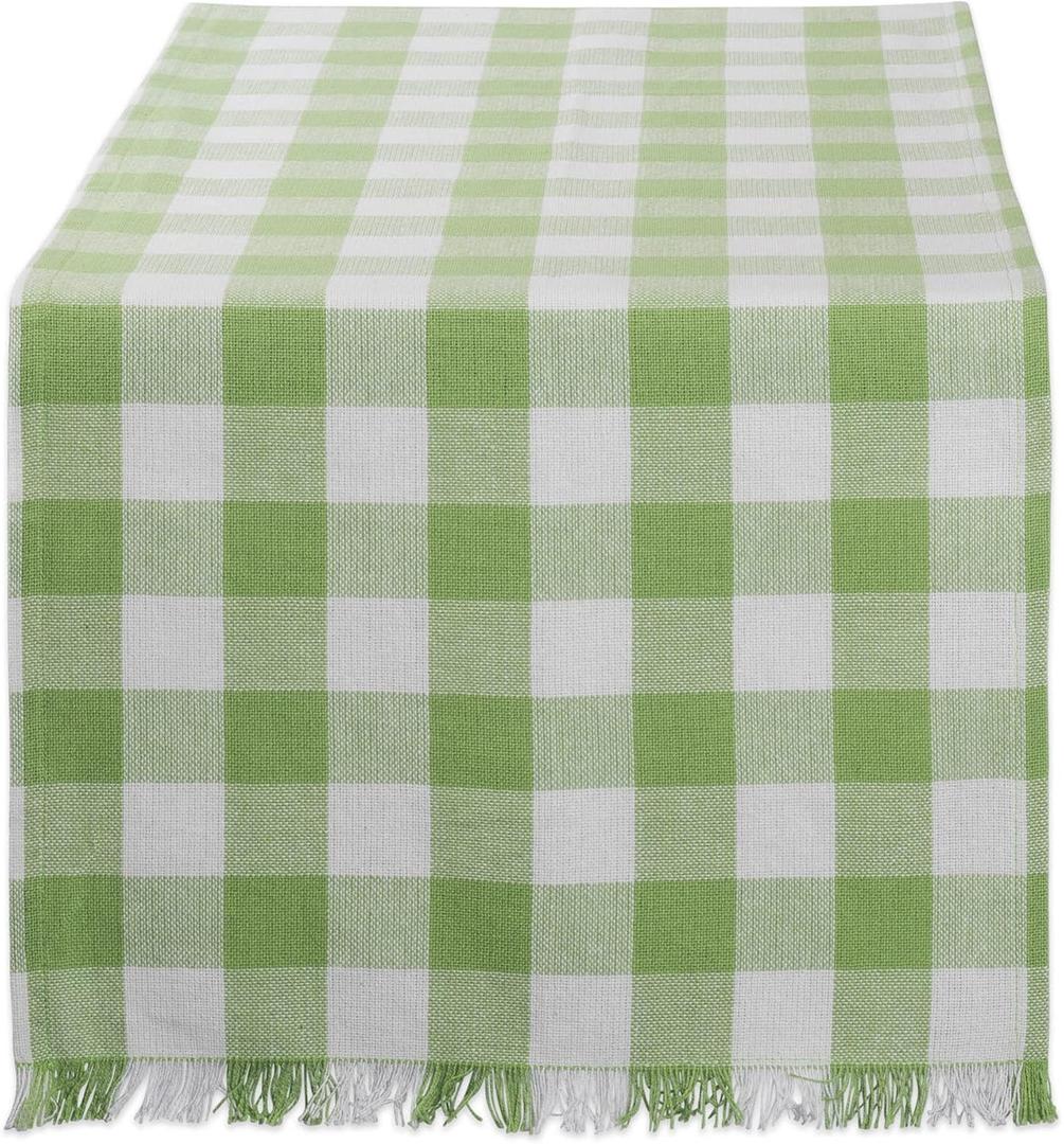 DII Heavyweight Fringed Check Tabletop Collection, Table Runner, 14"x72", Bright Green