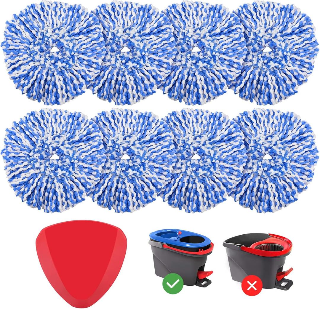 8 Pack RinseClean Spin Mop Replacement Head Refills with 1 Rotating Mop Base Compatible with O Ceda RinseClean 2 Tank System, Blue Microfiber Mop Refills for Floor Cleaning