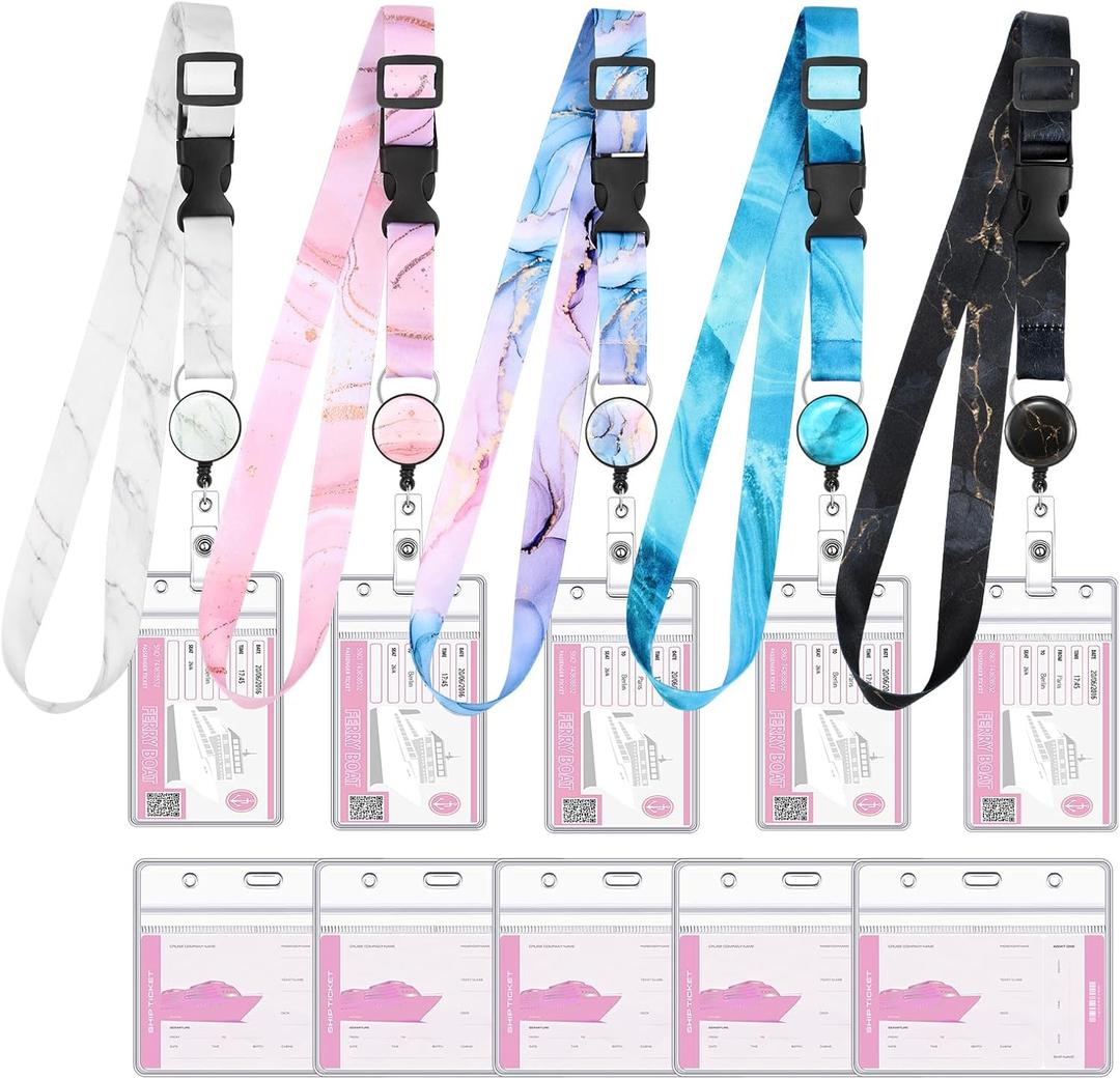 5 Pack Cruise Lanyard for Ship Cards,Adjustable Lanyards for Cruise Ship Cards with Retractable Badge Holder and 10Pcs Waterproof ID Card Holder (Marble Style)