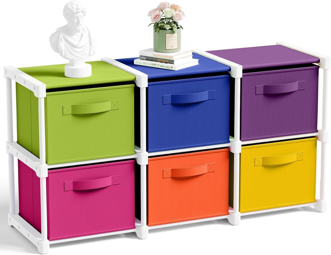 Thyle Large Cube Storage Organizer Shelf with 6 Fabric Storage Bins 14 Inch Collapsible Cubby Organizer for College Dorm Classroom Closet Clothes Book Essentials(Rainbow,Colorful)