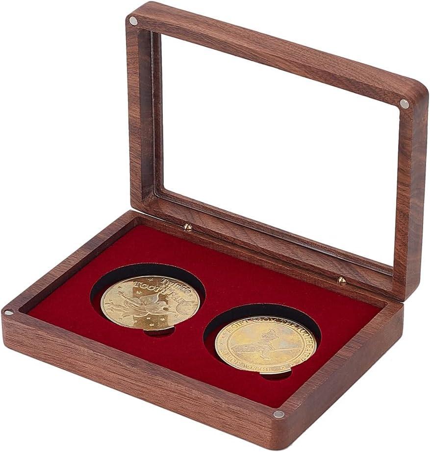 PLIGREAT Wood Double Coins Display Box, Rectangular Coin Collection Display Wooden Challenge Coin Presentation Displays Box Storage Case Commemorative Coins Holder for Collectors, 5.2"x3.8"